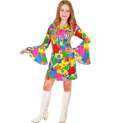 Afbeelding van Widmann Kinderkostuum in jaren 60 outfit, jurk, Flower Power, hippie, bloemenmeisje, slagermove