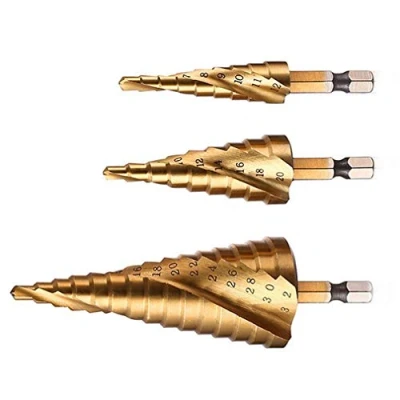 Afbeelding van Trappenboorset, spiraalgroef, hogesnelheidsstaal, titanium gecoat, 4 mm tot 12/20/32 zeskantschacht, HSS gereedschap snijden voor doe het zelf, kunststof, hout, metaal, aluminium, koper