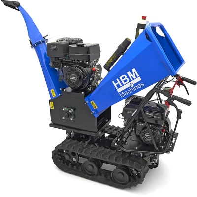 Afbeelding van HBM Professionele 4 Takt 15 PK 420 cc Benzine Hakselaar Houtversnipperaar op Rupsbanden
