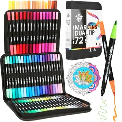 Afbeelding van ZENO Set viltstiften, 72 stuks, met koffer, professionele viltstiften voor volwassenen, tekenen en kleuren, marker fijne punt penseelpunt, penseelpen kunstenaars, kleurboeken, mandala
