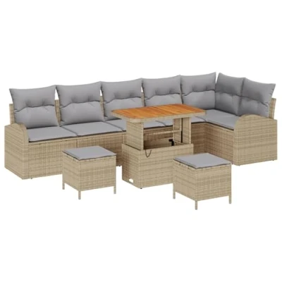 Afbeelding van vidaXL 9 delige Tuin Sofa Set met Kussens Beige Poly Rattan Acacia, 2 Persoons Rattan, 3 Eet Acacia