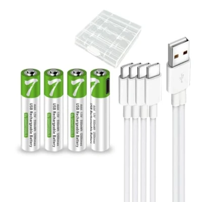 Afbeelding van 4 x AAA Lithium Ion 1,5 V 550 mWh oplaadbare USB batterijen batterij 1 uur snel opladen 1200 cycli met type C oplaadkabel overbelastingsbeveiliging