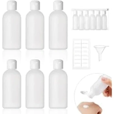 Afbeelding van Reisflessen om te vullen, 60 ml, 6 stuks vloeibare flessen vullen met kleine trechter en etiketten, transparante plastic flessen, zachte container, flessenset voor shampoo, douchegel, lotion