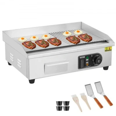Afbeelding van VEVOR Commerciële elektrische grill, 3200 W, halfplatte grill voor het aanrecht, instelbare temperatuur van 50 300 C, 54 x 30 1 cm, roestvrijstalen grillplaat met 2 schoppen en borstels