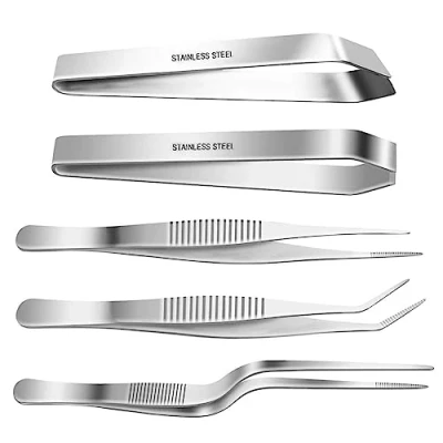 Afbeelding van SelfTek Roestvrijstalen tang pincet 5 delige set, 3 stuks 6,3 inch pincet, 4,7 platte en schuine visbot voor chef kok kookgerei, precisie gekartelde tips, schoonheidsgereedschap