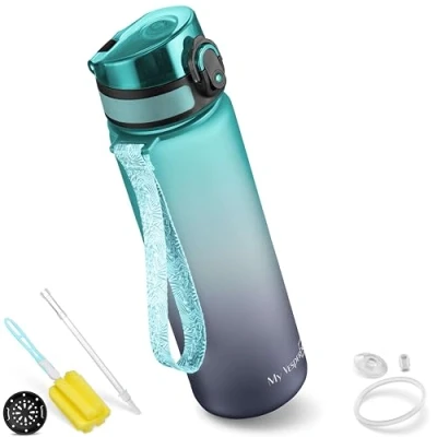 Afbeelding van My Vesperbox Minny Drinkfles voor kinderen, lekvrij, met rietje of zeef, 350 ml, 500 750 lichte Tritan waterfles, BPA vrij, kleuterschool, school (grijs blauw, ml)