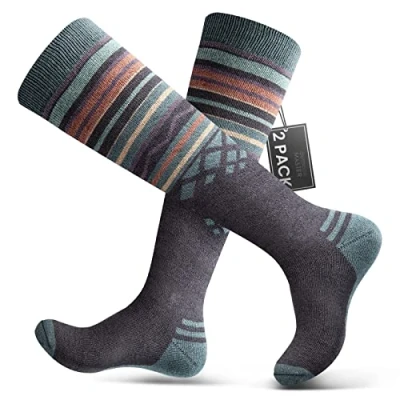 Afbeelding van OutdoorMaster Set van 2 uniseks skisokken merinowol voor mannen/vrouwen (OTC) antislip manchetontwerp, thermische sokken winter, snowboarden