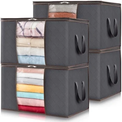 Afbeelding van Lifewit Grote Capaciteit Kleding Opbergtas Organizer met Versterkte Handvat Dikke Stof Voor Dekbedden, Dekens, Beddengoed, Opvouwbaar Stevige Rits, Doorzichtig Venster, 4 Pack, 90L, Grijs