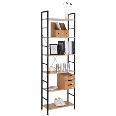 Afbeelding van WOLTU 6 Tier Metalen opbergplank Staande plank 60x28x180cm,Ladderplank Bibliotheken Zwart+lichteiken,RGB9307hei