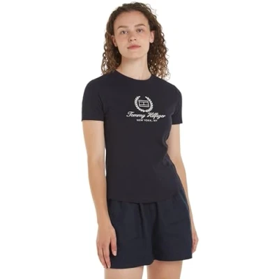 Afbeelding van Tommy Hilfiger SLIM FLAG Script TEE Tshirt print, Dames, Maat: XS, Desert sky