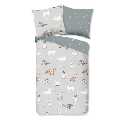 Afbeelding van Kinderdekbedovertrek 135x200 cm Winterdieren Print Grijs 1 Persoons 100% Katoen Flanel Oeko Tex Gecertificeerd