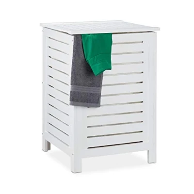 Afbeelding van Relaxdays wasmand grenen wasbox wit walnotenhout met deksel opbergmand 86