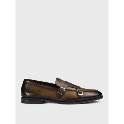 Afbeelding van Double Monk Strap Leather Shoes Dark Loafers