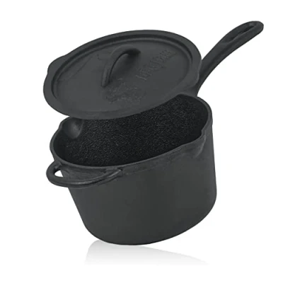 Afbeelding van BBQ Toro gietijzeren steelpan met deksel 2 liter zwart al ingebrand gietijzer klein, braadpan, pan, braadpan deksel, sauspan, kleine kookpan