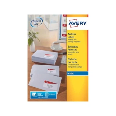 Afbeelding van Avery Zelfklevende adrespostlabels, inkjetprinters, 24 etiketten per A4 blad, 2400 labels, QuickDRY (J8159), wit