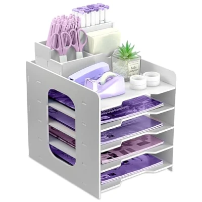 Afbeelding van Brievenlade organizer, A4 papieren archiefladen, 5 laags kantoorarchieflade, bureaumap opgeruimde organizer met stapelbare archieflade, bureaupapierorganizer pennenhouder (wit)