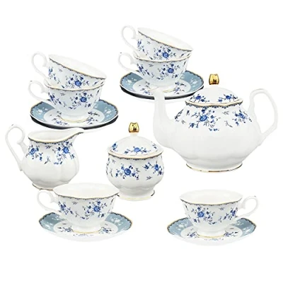 Afbeelding van fanquare 21 Stuks Porseleinen Theeservies, Blauw Gebloemde Namiddag Theeset, Brits Koffieservies met Theepot, Kop en Schotel