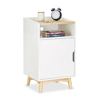 Afbeelding van Relaxdays nachtkastje wit met deur houten poten Scandinavische stijl kastje open vak