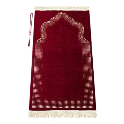Afbeelding van Moslim gebedskleed met gebedskralen, Janamaz, Sajadah, zacht islamitisch Mihrab patroon, islamitische geschenken, van bordeauxrode chenillestof