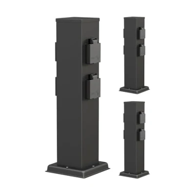 Afbeelding van ledscom.de 3 tuincontactdoos POLLY voor buiten, IP44, 4 voudig, roestvrij staal, zwart, vierkant, 40 cm