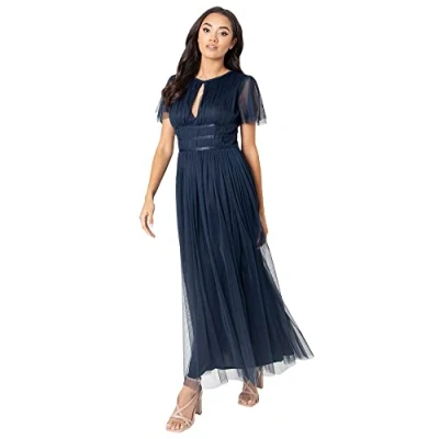 Afbeelding van Anaya with Love Dames Midaxi Jurk Hoge Taille Sleutelgat Korte Flutter Mouw Crew Halslijn voor Bruiloft Gast Bruidsmeisjes Prom, Donkerblauw, 40