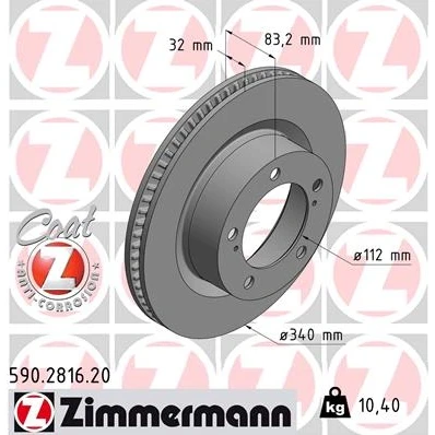 Afbeelding van ZIMMERMANN Remschijf COAT Z 340mm 32mm 7/5 5 gat 150mm interne ventilatie Gecoat 590.2816.20 4351260180 Remschijven