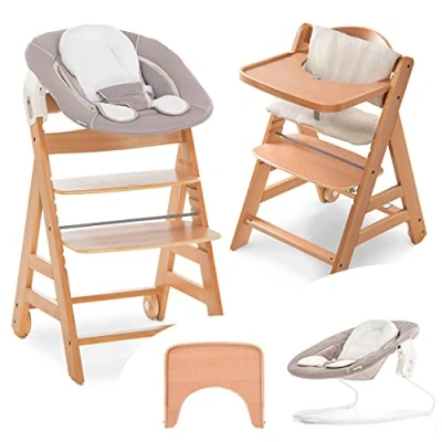 Afbeelding van hauck Alpha Move Kinderstoel Newborn Set Houten Meegroeistoel vanaf de Geboorte met Wipstoeltje, Eetblad, Kussenset en Gordels Hout