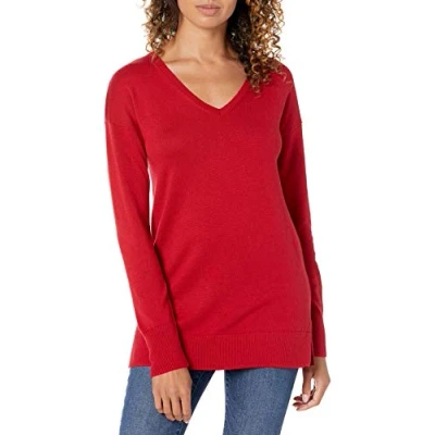 Afbeelding van Amazon Essentials Dames lichtgewicht lange mouwen V hals tuniek trui (verkrijgbaar in grote maten), rood, X Large
