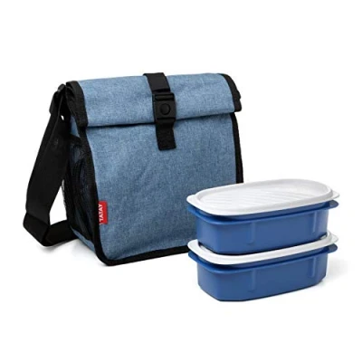 Afbeelding van Tatay Urban Food Roll &amp; Go Koeltas voor levensmiddelen, inhoud 4,2 l, met 2 luchtdichte doekjes van 0,5 BPA vrije kunststof, denim blauw, afmetingen: 22 x 11 22,5 cm