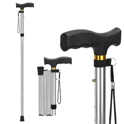Afbeelding van supregear Opvouwbare Wandelstok, Lichtgewicht 5 Niveaus Verstelbare Stok met Polsband en T Handvat, Reiswandelstok voor Ouderen Gehandicapte Mannen Vrouwen, Balanceringshulpmiddel, Zilver