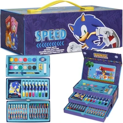 Afbeelding van Sonic The Hedgehog Kunstset voor meisjes jongens kleursets kinderen 40 plus stuks reisset CarryF &amp; F opslag handvat schildersets kunstbenodigdheden geschenken