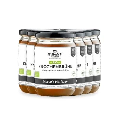 Afbeelding van Grizzly Foods Biologische runderbottenbouillon (6 x 500 ml) 25 g collageen per glas 72 uur lang gekookt 100% natuurlijk zonder suiker, toevoegingen waardevolle voedingsstoffen