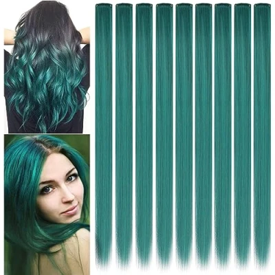 Afbeelding van ZHAOWWEI 9 stuks prinses groene haarverlengingen meerdere kleuren party highlights strepen synthetische haarstukjes clip in/clip on gekleurde (donkergroen)