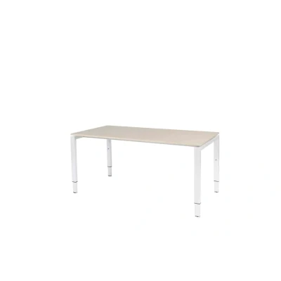 Afbeelding van Domino bureau, hoogte instelbaar (62 85cm) met 160x80cm &#039;zwevend&#039; lindberg (licht) eiken 25mm blad en wit (RAL9010) N poot frame.