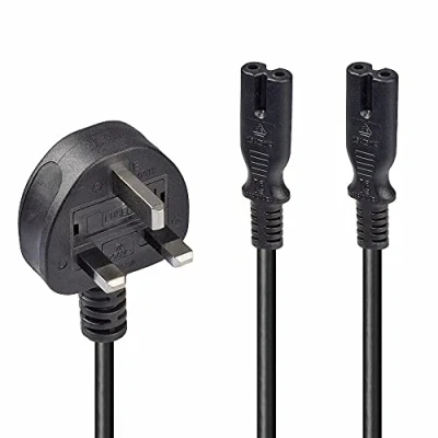 Afbeelding van LINDY 2,5 m UK Netvoeding 3 pins stekker naar 2 x IEC C7 Splitter Stroomkabel/Figuur 8 Lead, Zwart