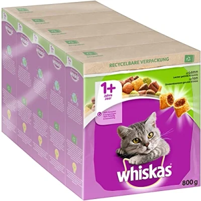 Afbeelding van Whiskas Adult 1+ droogvoer lam, 5x800g (5 pakjes) droog kattenvoer voor volwassen katten verschillende productverpakkingen beschikbaar