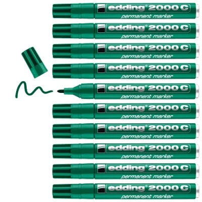 Afbeelding van edding 2000 C permanente marker, groen, 10 pennen, ronde punt 1,5 3 mm, sneldrogend, water en veegbestendig, voor karton, kunststof, hout, metaal, universele marker