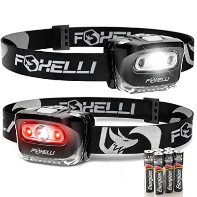 Afbeelding van Foxelli Led hoofdlamp voor volwassenen en kinderen, hardlopen, kamperen, wandelen, met wit rood licht, lichte waterdichte comfortabele hoofdband, 3 AAA batterijen