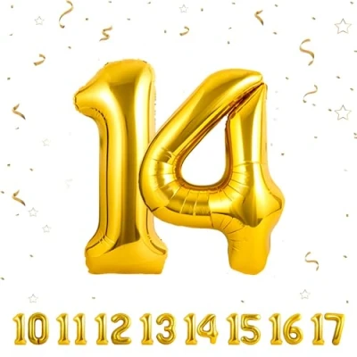 Afbeelding van Ballonnen voor verjaardag van 14 jaar, goud, 101 cm, verjaardagsdecoratie een man en vrouw, ballon cijfer opblaasbaar, folie beige jaar