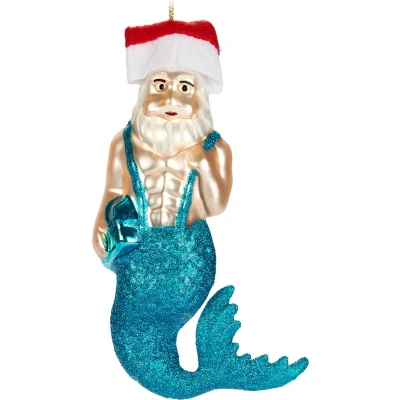 Afbeelding van BRUBAKER Zeemeerminman, handbeschilderde kerstbal van glas, 14 cm, boombal, onderwater, kerstman met sixpack, mondgeblazen kerstboomversiering, figuur grappige decoratieve hanger