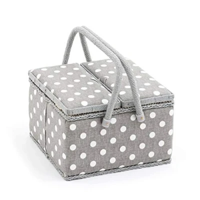 Afbeelding van Hobby Gift Exclusieve grote naaidoos met twee deksels, knutseldoos, accessoirelade, speldenkussen, PVC handgrepen, 25 x 17 cm, grijze stippen