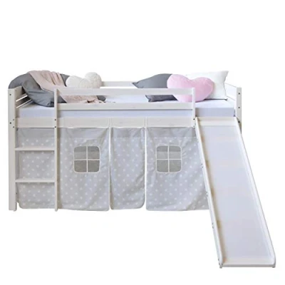 Afbeelding van Homestyle4u 1884, hoogslaper met glijbaan trap wit grijs kinderbed 90x200 gordijn sterren bedframe hout grenen