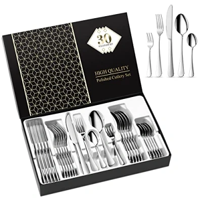 Afbeelding van Aoeeppa Bestekset, spiegelgepolijst roestvrij staal, voor 6 personen, 30 delig, met eetlepel, vork, mes, taartvork,theelepel, bestekset thuis, keuken, restaurant, vaatwasserbestendig (zilver)