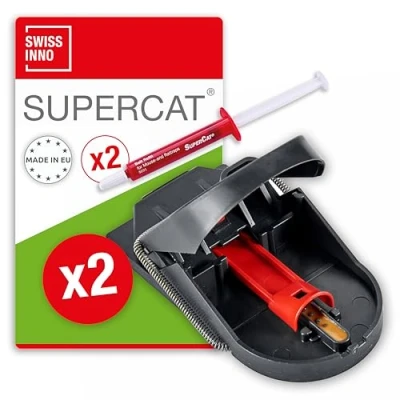 Afbeelding van SWISSINNO Muizenval PRO SuperCat: Diervriendelijke efficiënte muizenverwijdering zonder valse vangsten, gifvrij, Binnen + buiten, veilig, Made in EU: 2x vallen lokaassprays.
