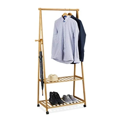 Afbeelding van Relaxdays verrijdbaar kledingrek, groot, met roede en 2 vakken, HxBxD: 166 x 84 45 cm, mobiele garderobe, natuur
