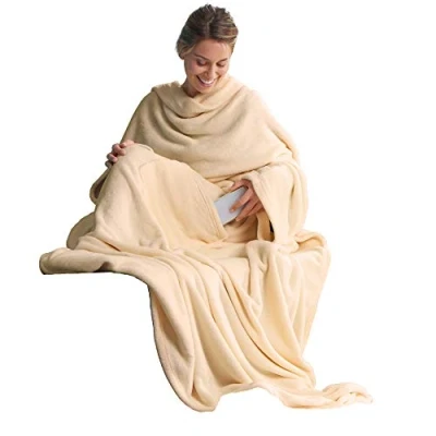 Afbeelding van CelinaTex TV deken knuffeldeken met mouwen en voetenzak XL 170 x 200 cm beige coral fleece sprei microvezel