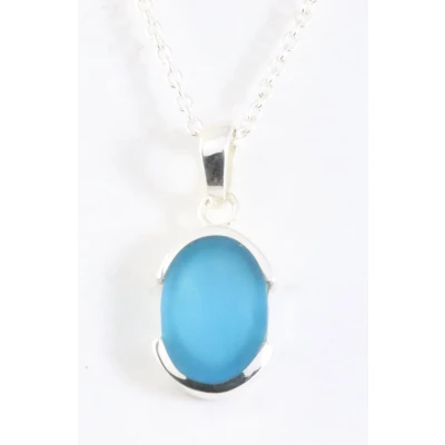 Afbeelding van Fijne hoogglans zilveren hanger met blauwe agaat aan ketting