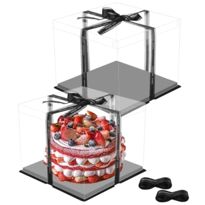 Afbeelding van 2 stuks doorzichtige taartdoosjes taartdoos 30 x 25 cm transparante taarttransportdoos geschenkdoos doorzichtig met sokkel en lint voor verjaardag dessert zwart