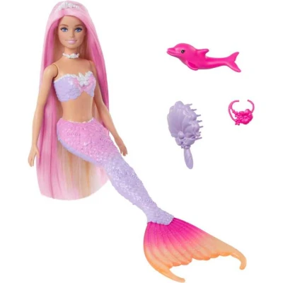 Afbeelding van Barbie Zeemeerminpop, &#039;Malibu&#039; met roze haar, stylingaccessoires, dolfijn en kleurverandering in water, HRP97