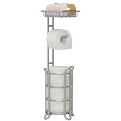 Afbeelding van Zilverkleurige vrijstaande toiletpapierhouder tissuedispenser met extra plank voor badkameropslag past op mega rollen, telefoon en doekjes
